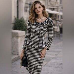 Ashro Black White Houndstooth Skirt Suit Size 6